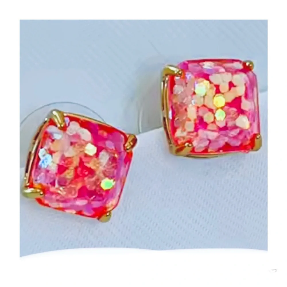 Kate Spade New York ♠️ something sparkly pink glitter square stud earrings - Picture 4 of 5